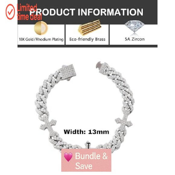 9mm Cross Cuban Link Bracelet White Gold Plated Cubic Zirconia Unisex - Picture 6 of 7